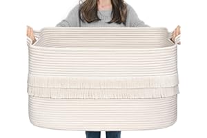 CherryNow Large Basket, Toy Storage Basket, Blanket Basket Living Room, Woven Baskets for Organizing, Laundry Basket with Handles, White Rectangle Basket, 21.6" x 15" x 11.8", 65L