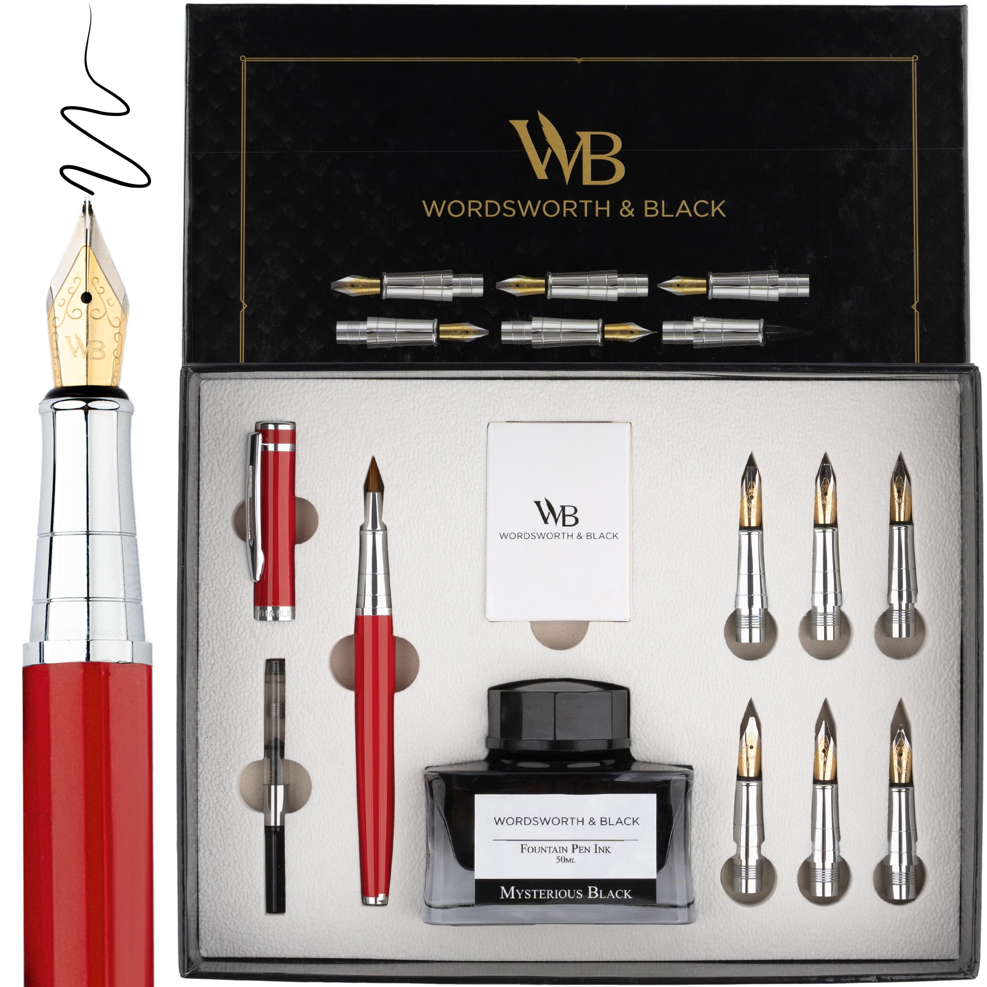 Wordsworth & Black Calligraphy Pen Gift Set, Includes Ink Bottle & 6 Ink Cartridges, Converter, 6 Replacement Nibs, Smooth Writing Premium Pens [Red Chrome]