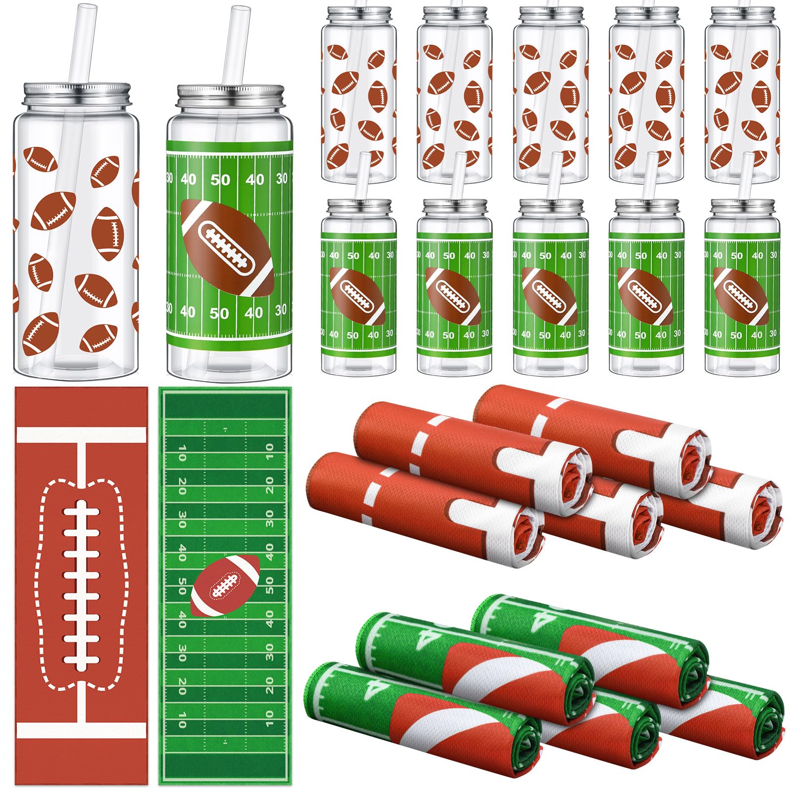 Photo 1 of SmoothNovelty 24 Pcs 16.9 Oz Football Plastic Cups Bulk Football Cooling Towel Set Include 12 Footballs Theme Cups with Straw and Lid 12 Footballs Ice Towel for Sport Party Favors Team Gifts