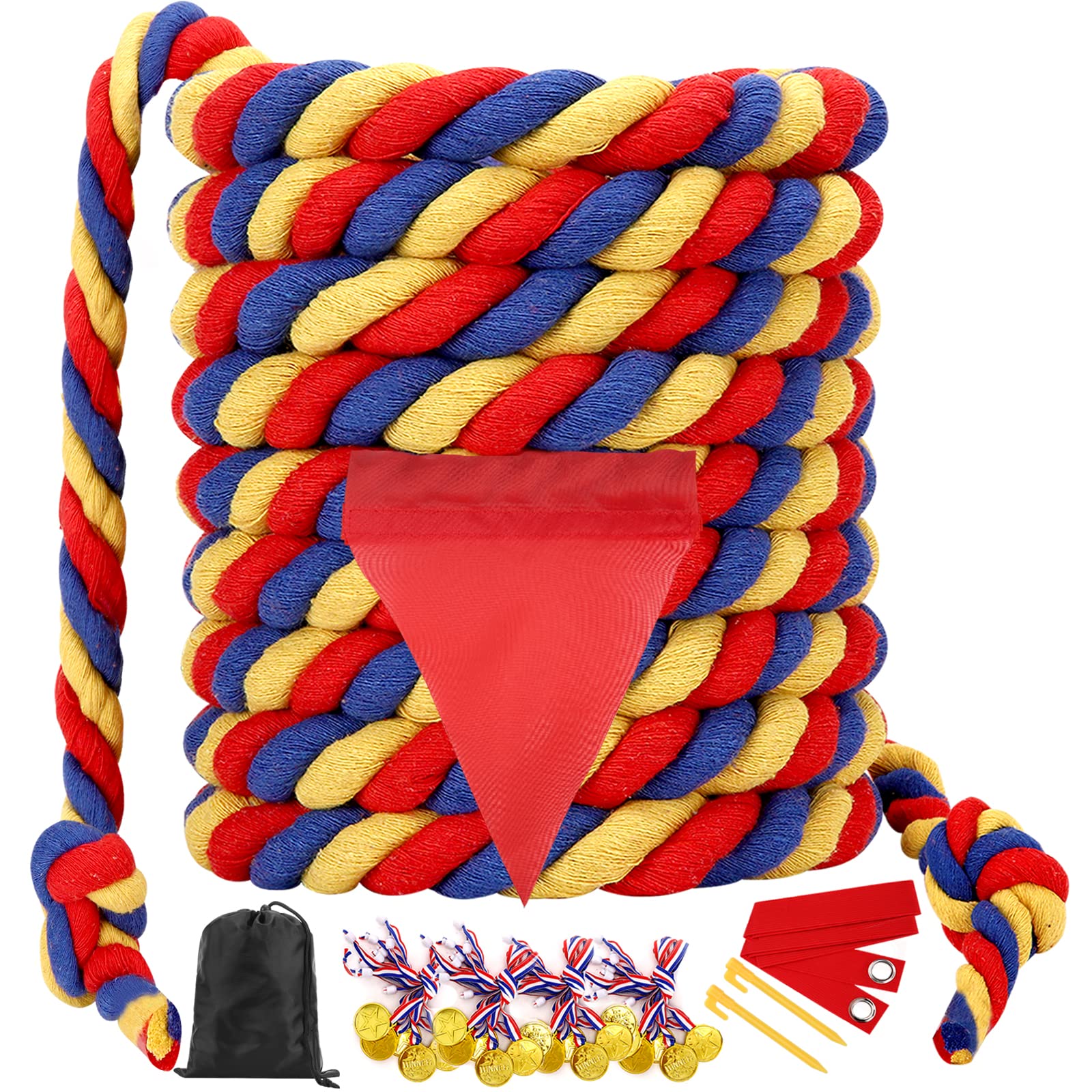WYRJXYB Outdoor Games Sports Day Kit 18M Tug of War Rope for Kids Adult, Garden Field Day Birthday Party Games,Summer Camping Carnival Easter Game, Outside Yard Family Reunion Fun Games, Tricolor