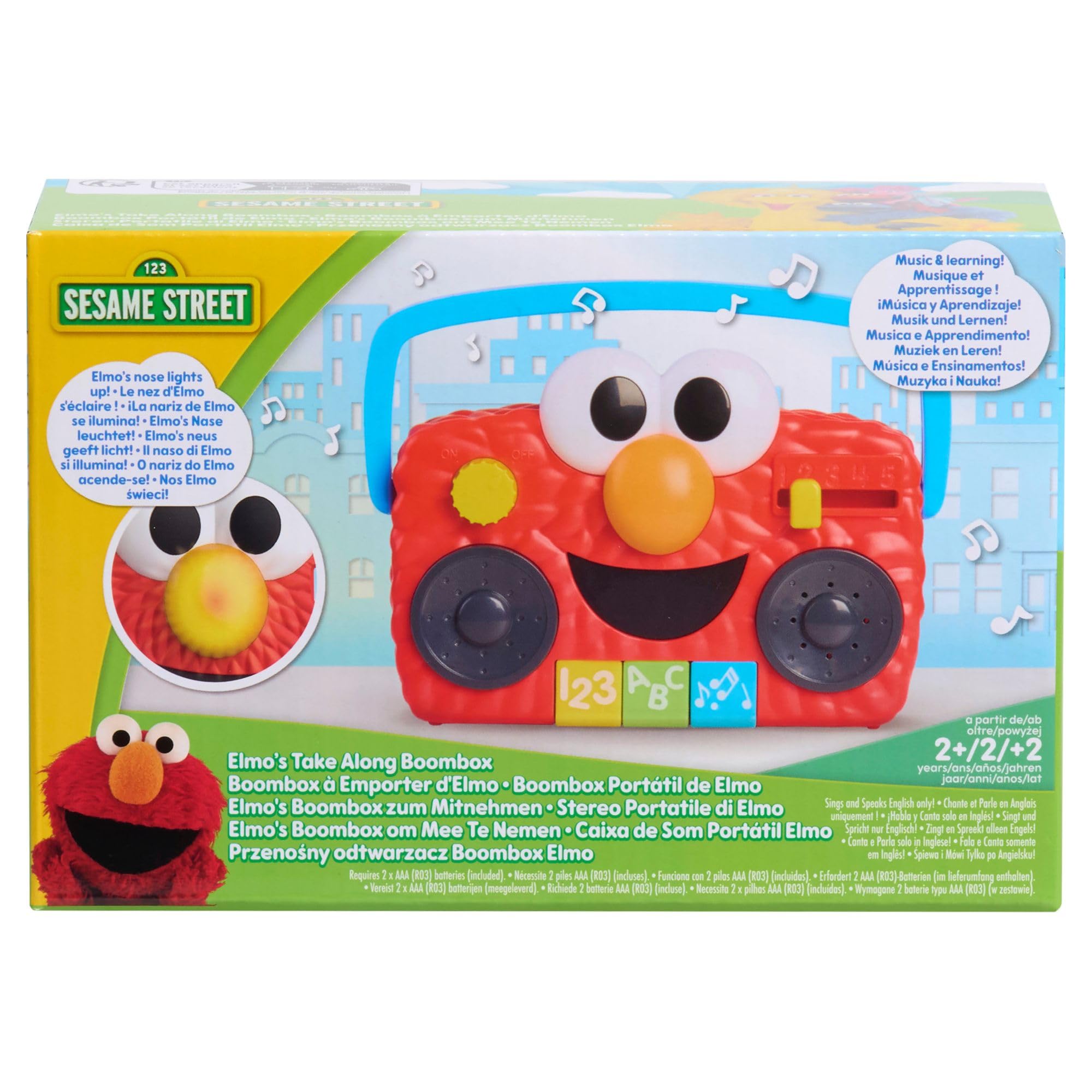 Just Play Sesame Street Elmo Take Along Boombox with Lights & Sounds, 5.5-inch Interactive Toy, Learning and Education, Kids Toys for Ages 2 Up
