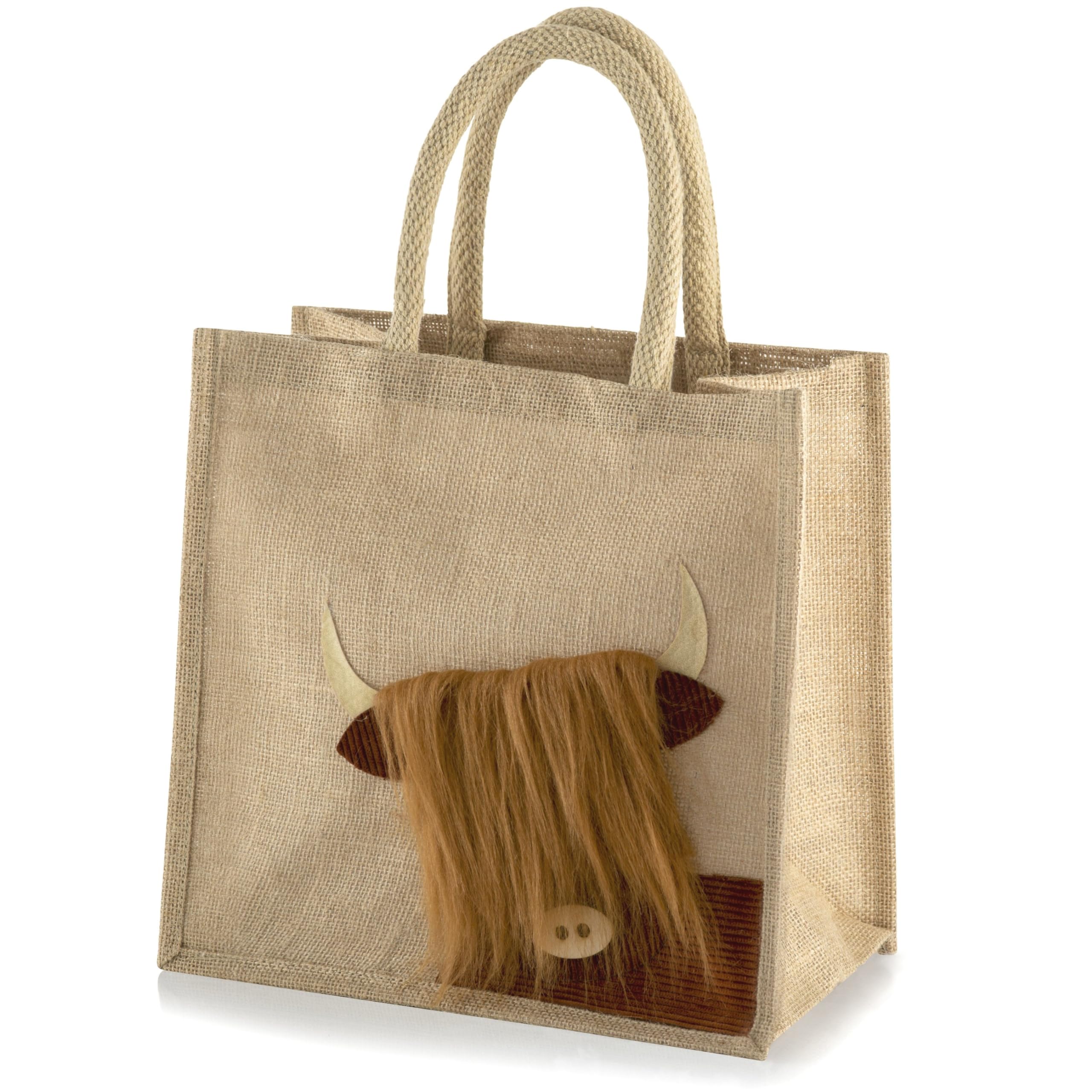 Yellowboots Jute Shopping Bag - Highland Cow (Medium 30 x 30 x 20 cm), Natural