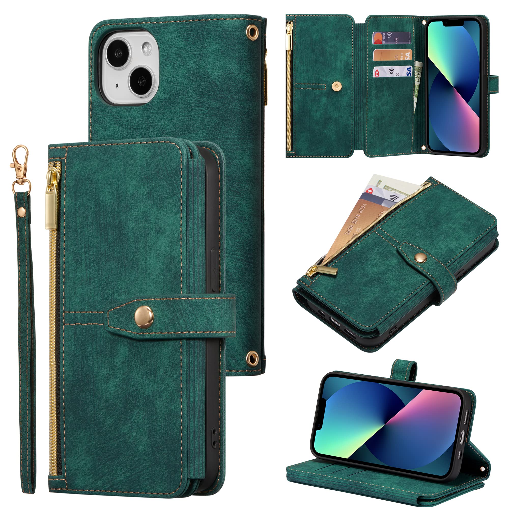 ZCDAYE Wallet Case for iPhone 15 Plus, Premium Leather Phone Case Women Ladies Holster with Card Slots Wrist Strap Zipper Flip Phone Cover for iPhone 15 Plus (6.8 inches), Green