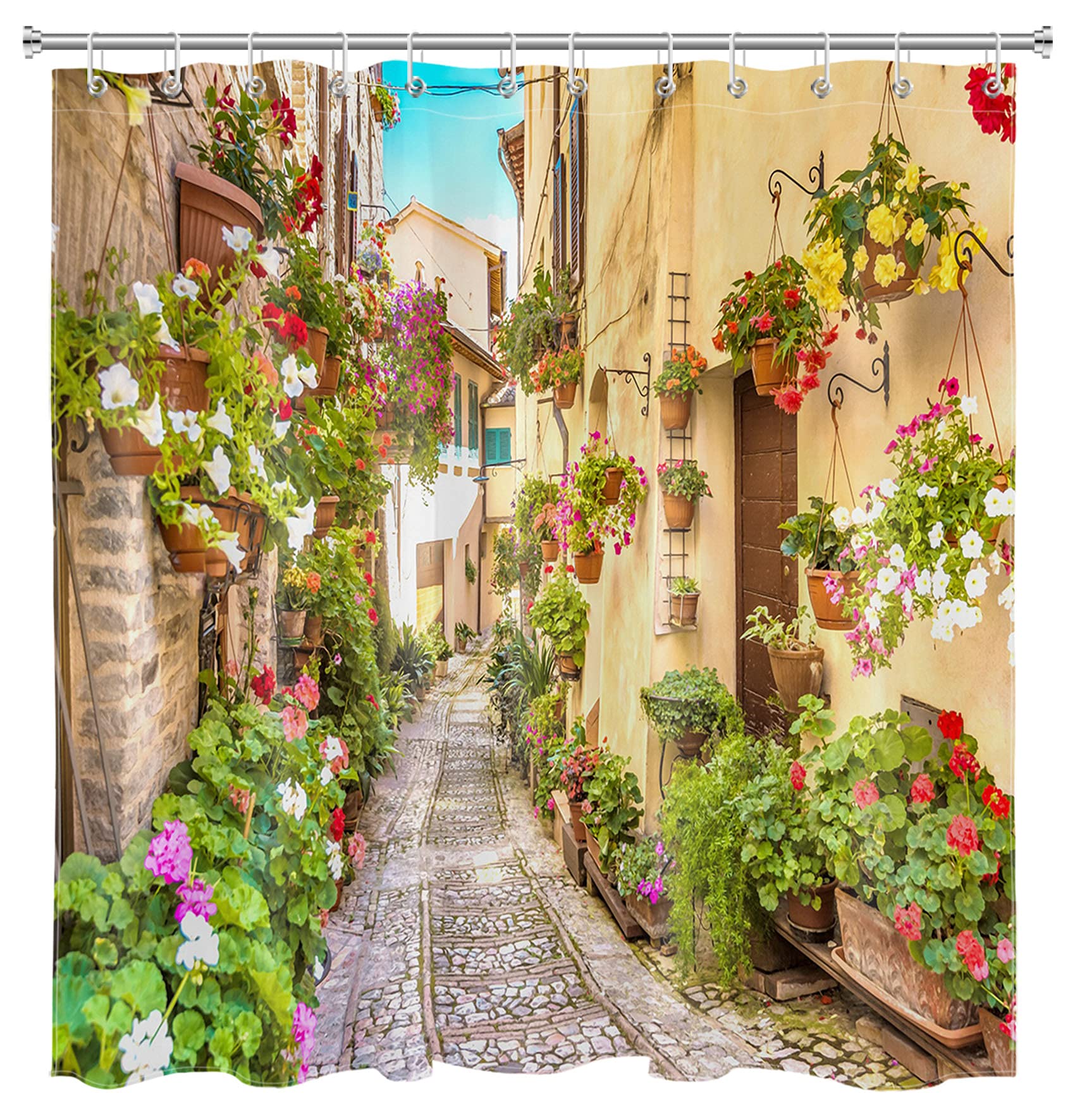 LB Garden Shower Curtain Flower Street Shower Curtains Italy Town Plants Scenery Polyester Anti Mould Waterproof Bathroom Curtains with Hooks,59x71 inches