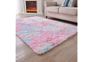 ANVARUG Modern Plush Area Rug 8x10 Ultra Soft Faux Fur Rugs, Non-Skid Bedroom Rugs for Kids Playroom Home Decor, Tie-Dyed Rainbow