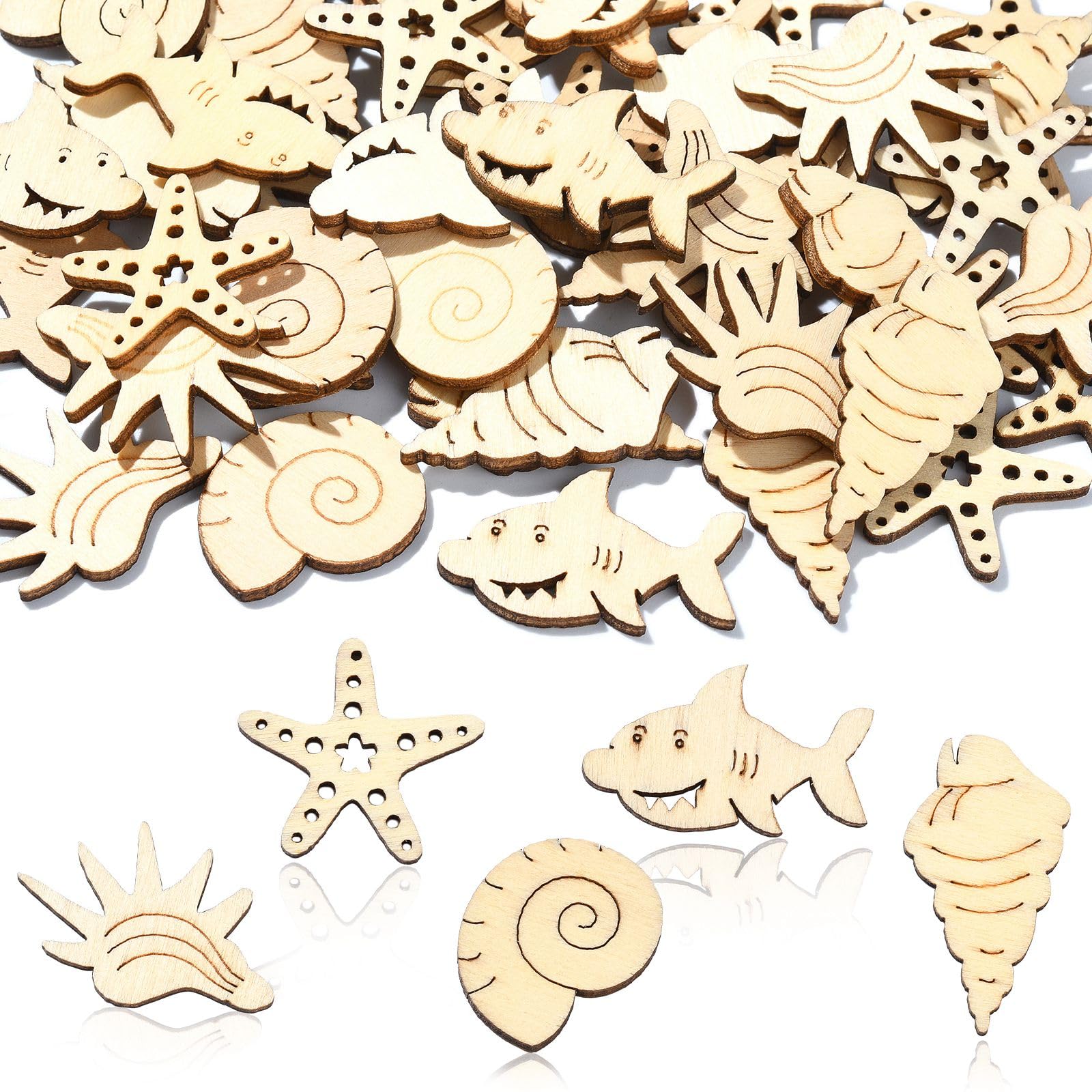 Ipotkitt 100 Pcs Ocean Themed Wood Ornaments Laser Cut Sea Wood Cabochons Sea Animal Sharks Shells Starfish Wooden Cutouts for Decoration DIY Crafts