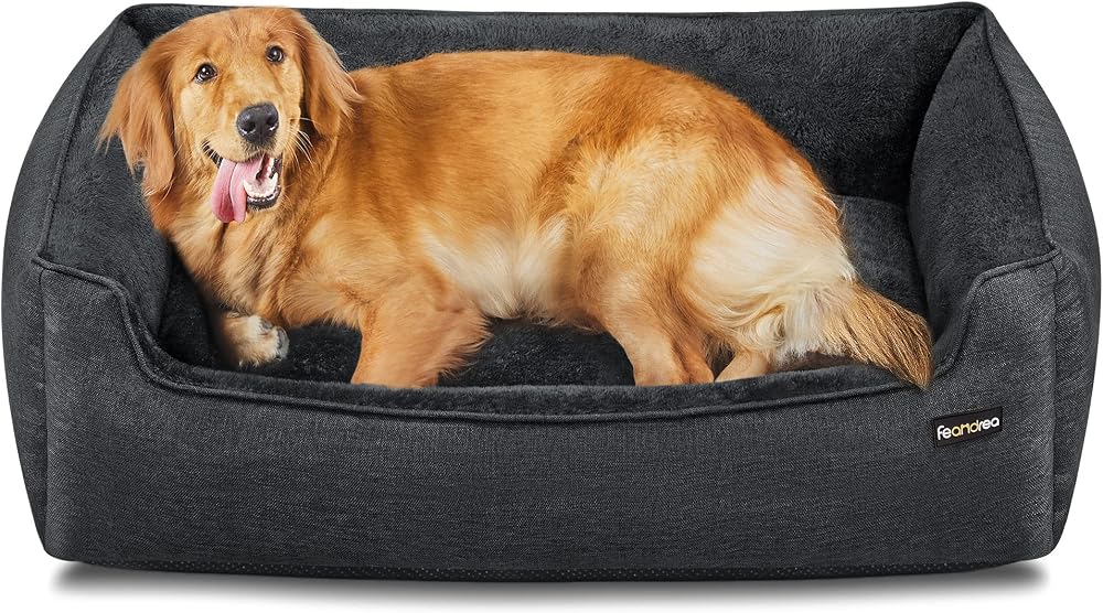 Feandrea Dog Bed Linen-Look Large XL 110 x 75 cm Raised Edges Non-Slip