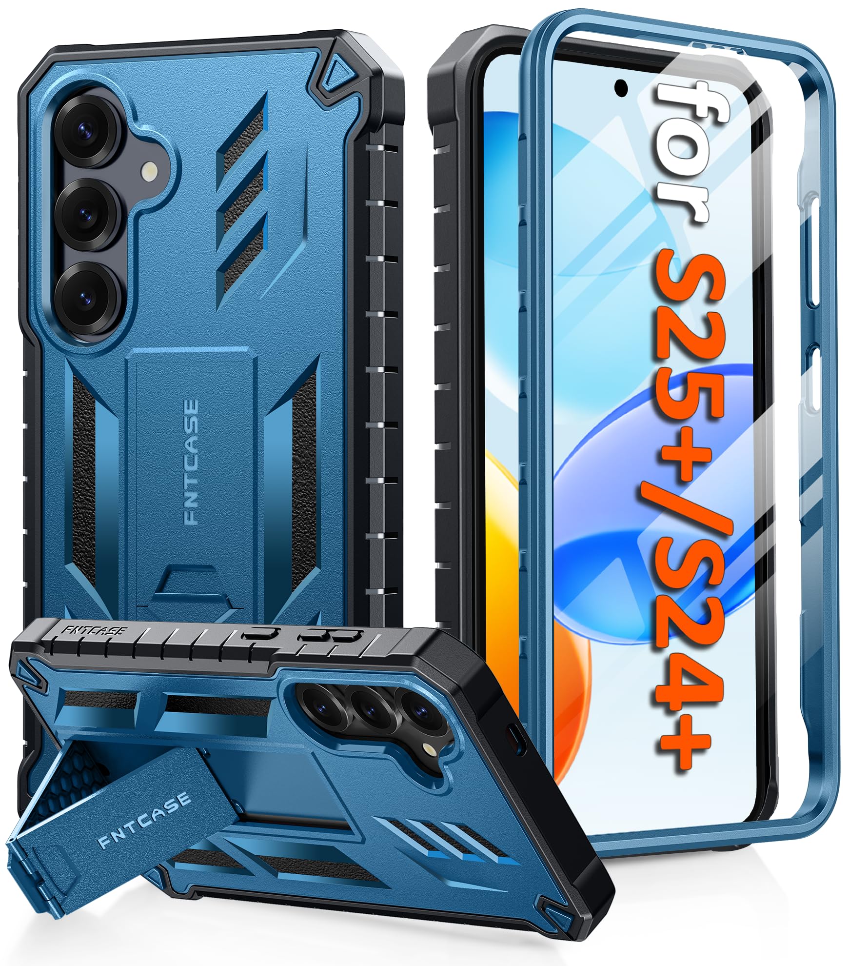 Photo 1 of FNTCASE for Samsung Galaxy S25-Plus Case: for Galaxy S24-Plus Case with [Built-in Screen Protector & Kickstand] [Military-Grade Drop Protection] Heavy Duty Protective Full Body Shockproof TPU Blue