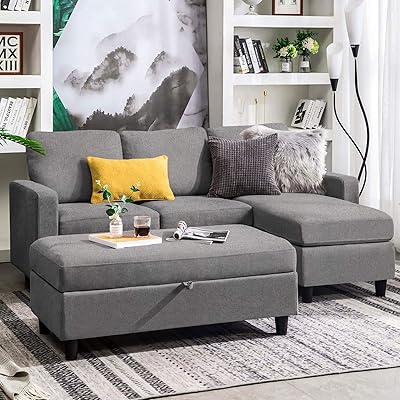 HONBAY Grey Sectional Couch w/ Ottoman, L-Shaped Sofa for Living Room