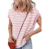 EVALESS Womens Short Sleeve Tops Casual Crewneck Oversized T Shirts Summer Trendy Striped Knit Tee Blouses