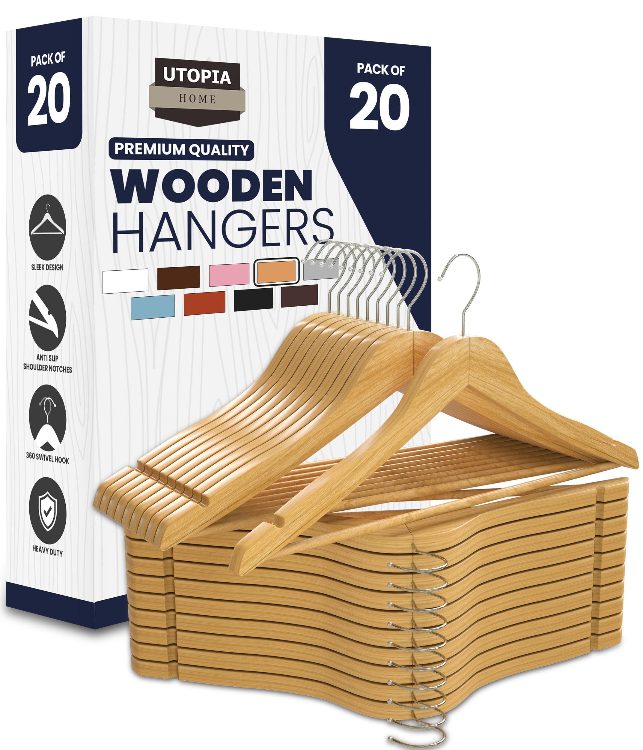 Utopia Home Natural Wooden Coat Hangers 20 Pack – Strong Solid Wood Clothes Hangers with 360° Swivel Hook, Trouser Bar & Shoulder Notches – Durable Slim Space Saver for Suits, Jackets, Coats, Shirts.