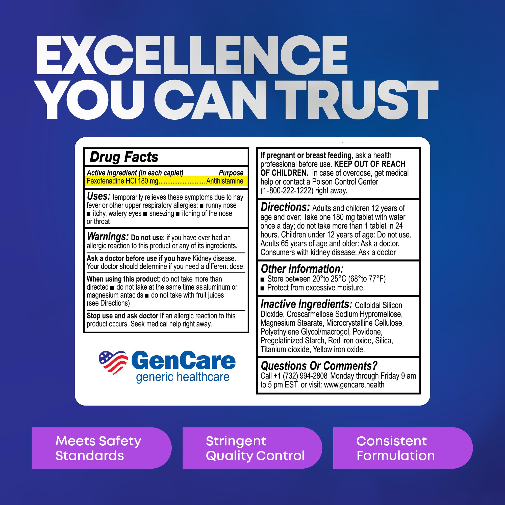 GenCare - Allergy Relief Pills | Fexofenadine HCl 180mg 50 Tablets | Non Drowsy Antihistamine Allergy Pills for Hay Fever, Seasonal Allergies, Outdoor & Indoor Allergies | Relieves Itchy Eyes & Nose