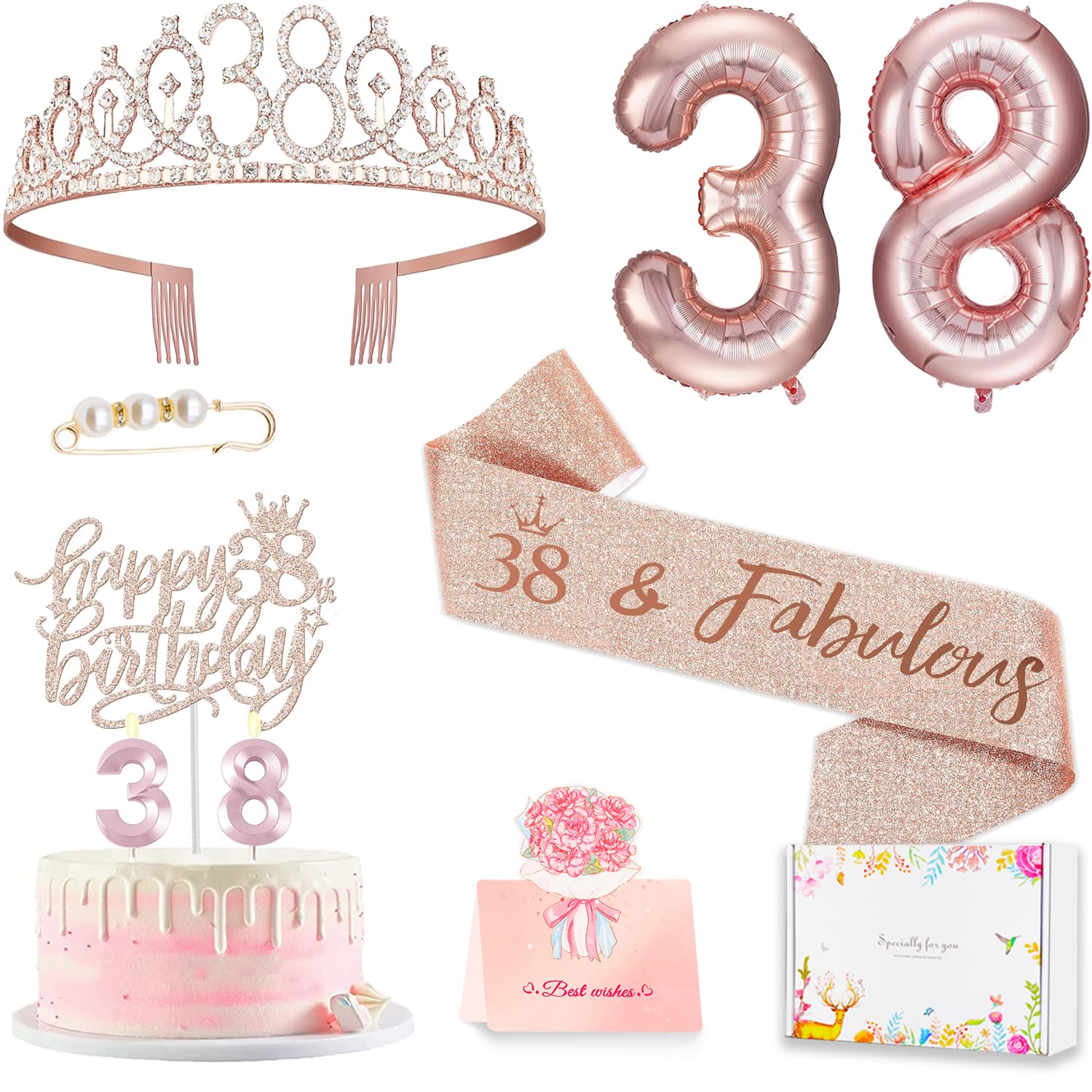 Photo 1 of *FACTORY SEALED* Awfrky 38th Birthday Decorations for Her Women, Including 38 year old Cake Topper, Queen Sash with Pearl Pin, Sweet Rhinestone Tiara Crown, Number Candles and Balloons Set, Rose Gold