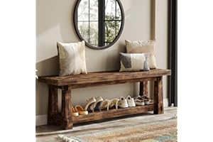 TRIBEWOOD 55" Solid Wood Entryway Bench with Shoe Storage, Rustic Charred Wood Grain Foyer Bench with Open Shelf for Hallway,