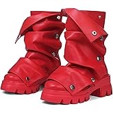 Celbreez Slouchy Boots for Women Fold Over Platform Boots Round Toe Pull On Leather Goth Boot Punk Mid Calf Chunky Stacked Heel 2025 Button Party Shoes Combat Motorcycle Boot