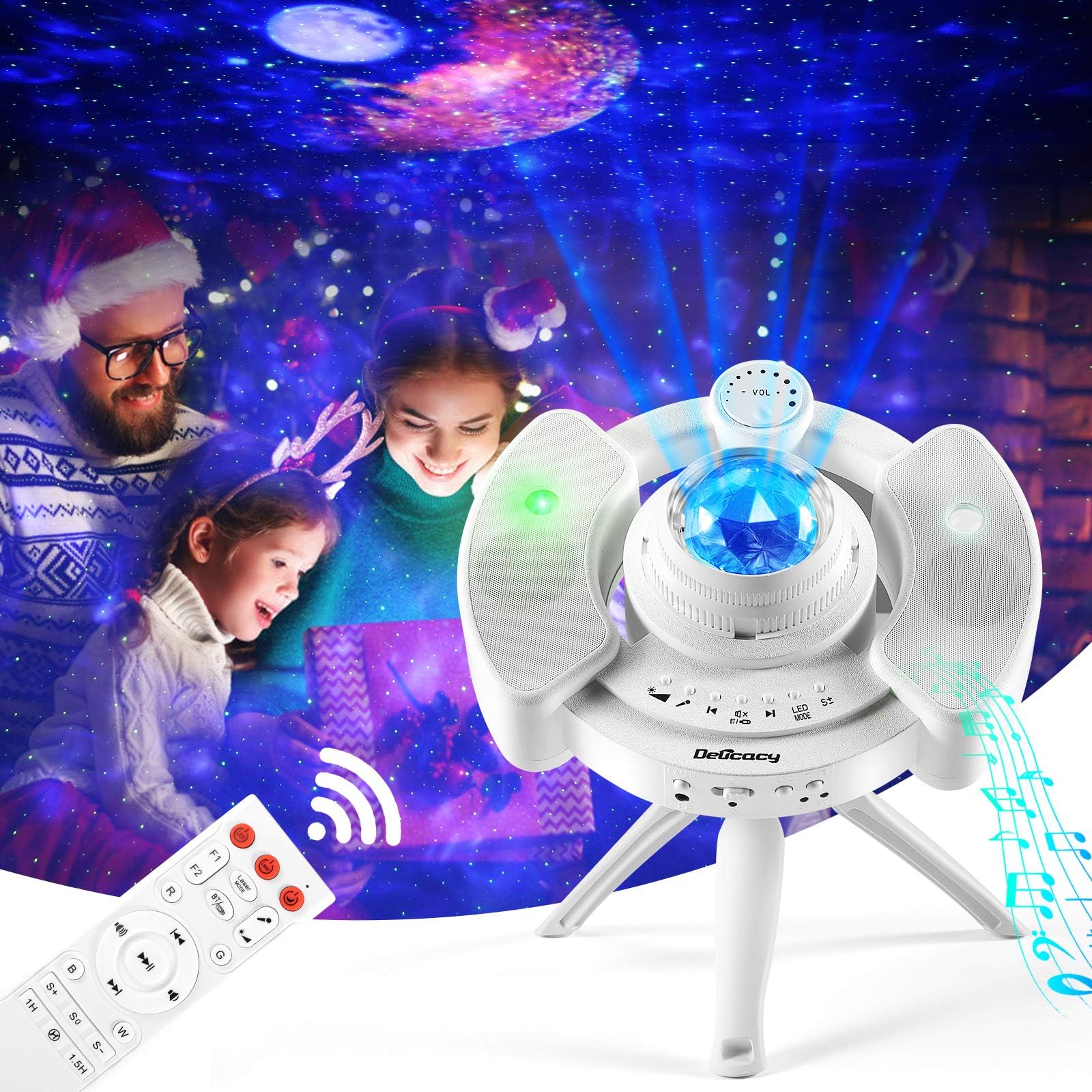 LED Star Light Projector Delicacy 4 in 1 Galaxy Projector Colour Changing Music Player with Dual Stereo Speaker&Timer Star Sky Light with Nebula Moon Ocean Wave for Kids Adults Christmas Decoration