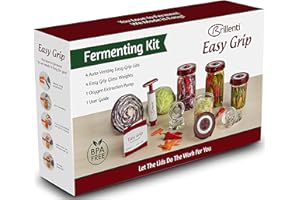 Mason Jar Fermentation Kit - Food Grade Fermenting Lids for Wide Mouth Mason Jars, includes Easy Grip Fermenter Lids 4-Pack, Weights and Pump - a Great Starter Sauerkraut Fermenting Kit, Brillenti