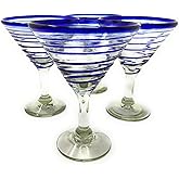 Mexican Hand Blown Glass – Set of 4 Hand Blown Modern Margarita Glasses - Blue Spiral (12 oz)