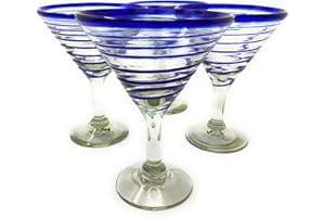 Mexican Hand Blown Glass – Set of 4 Hand Blown Modern Margarita Glasses - Blue Spiral (12 oz)