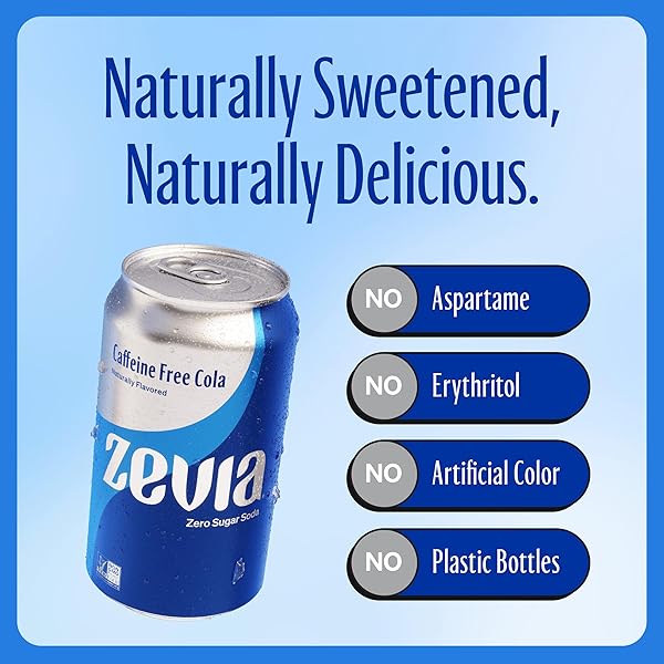 ZEVIA ZERO SUGAR SODA, CAFFEINE FREE COLA, 12 OZ CANS (24-PACK) – NATURALLY SWEETENED, ZERO CALORIE SUGAR FREE SODA – NON-GMO PROJECT VERIFIED, GLUTEN-FREE, VEGAN