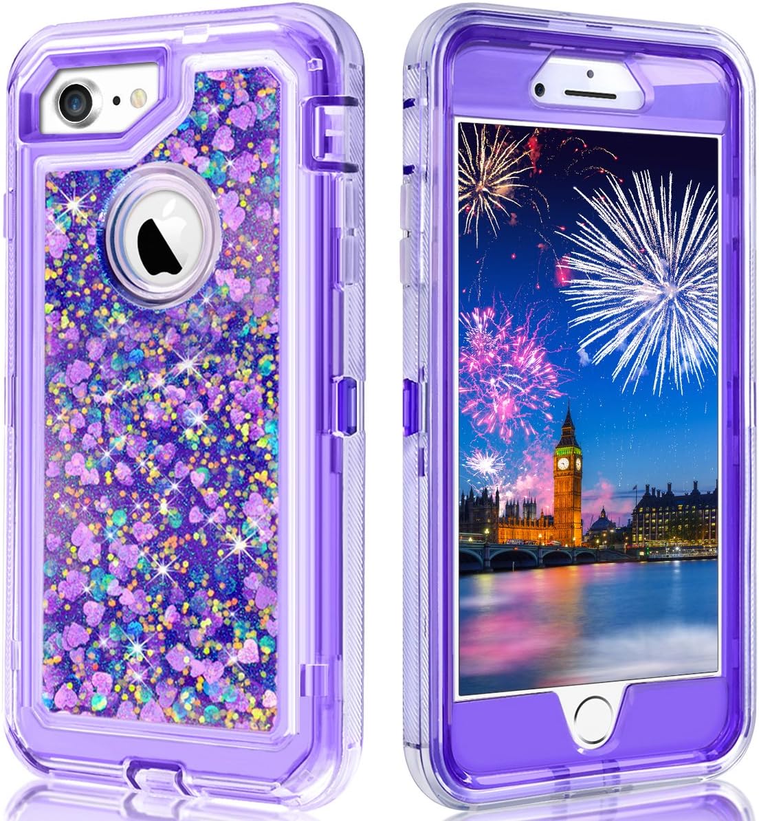 WOLLONY for iPhone SE2 Case,iPhone 6 Case,iPhone 7 Case,Full Body Shockproof Liquid Glitter Quicksand Bling Heavy Duty Hard Bumper Non-Slip Soft Transparent Protective for iPhone SE2 8 7 6 Purple