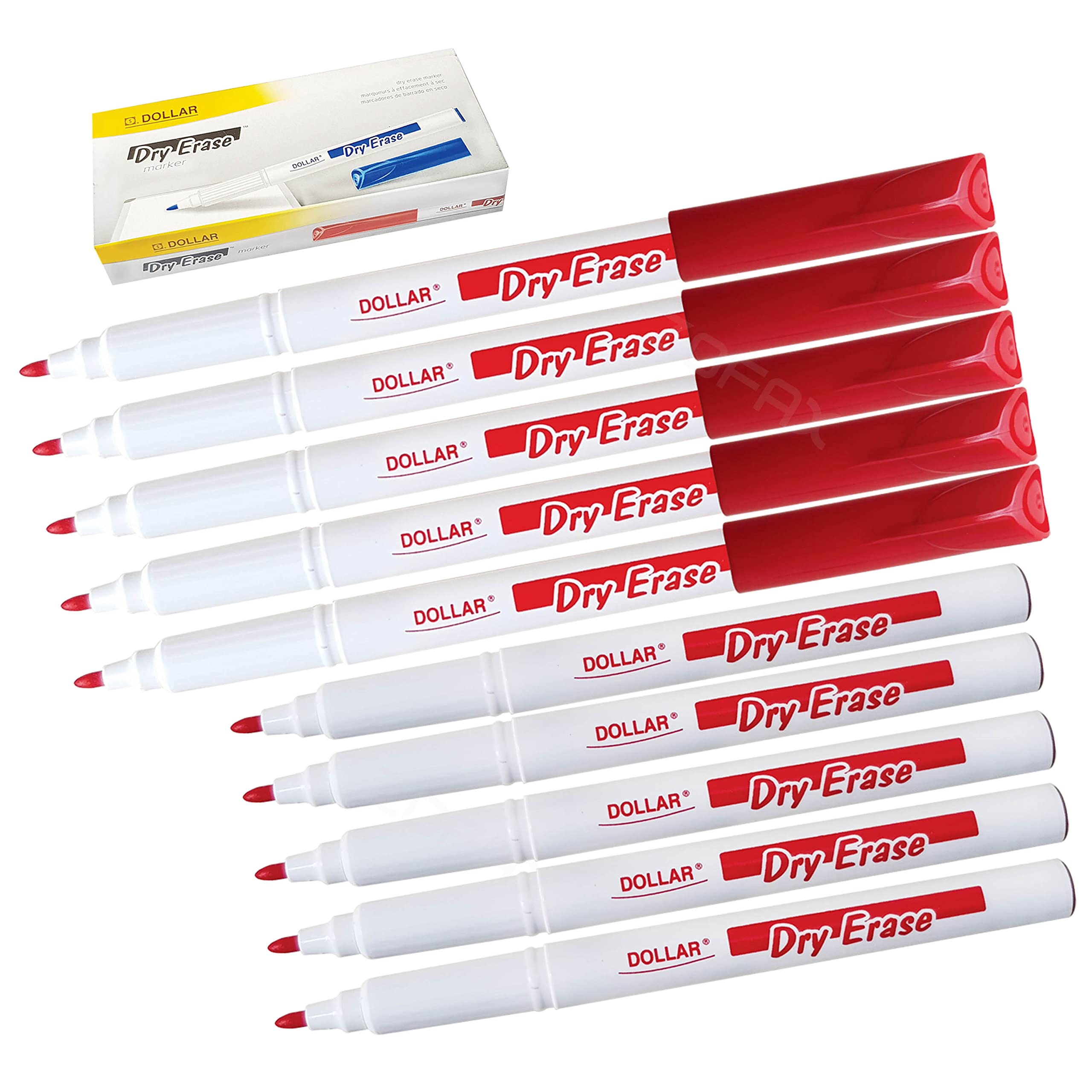 DOLLAR WBS-1.0 Dry Erase Whiteboard Marker Pens, RED, Medium Point (1.0 mm), Pack of 10, Bullet Tip, Perfect for Office School Home Everyday Use
