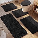 YIHOUSE Bathroom Rug Set 5 Piece, Memory Foam Black Bath Mat Non-Slip Quick Dry Absorbent Bath Mats for Bathrooom, Washable Bathroom Rug and U-Shaped Contour Toilet Rug Bath Rug Set for Bath Floor