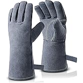 OZERO 932°F Heat Resistant Forge Welding Gloves 14 inches Cowhide Leather - Long Sleeve and Insulated Lining Grill Glove for Tig Welder/Mig/Barbecue/Stove Gray