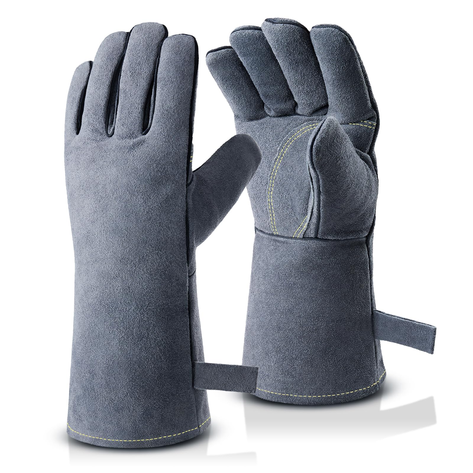 OZERO 14-inch Welding Gloves: Fire 500℃ Heat-Resistant Leather BBQ Long Sleeve and Insulated Lining Arm Protection for Welder, Forge, Fireplace, Wood Stove - Grey Large Fireproof Gloves