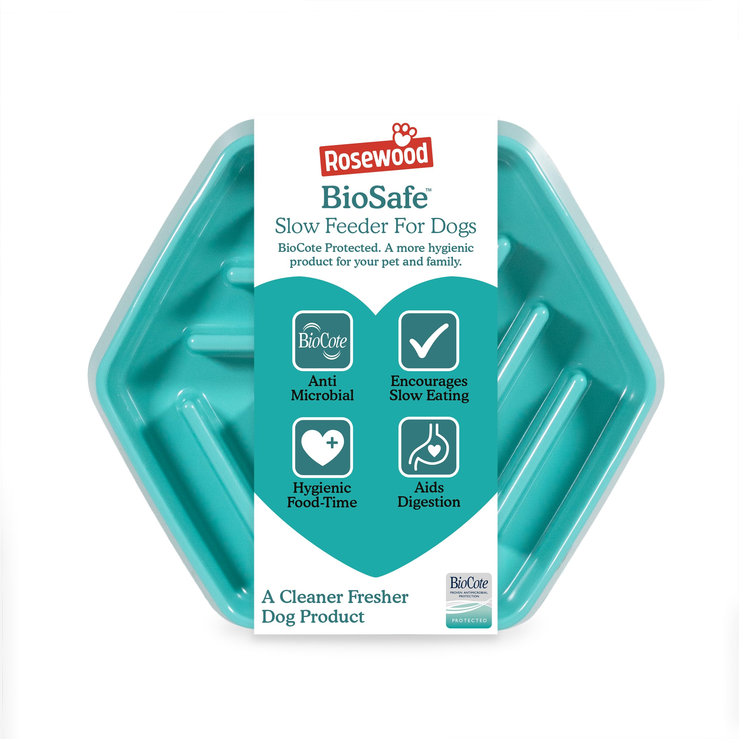 Rosewood BioSafe Hexagonal Slow Feeder Bowl for Dogs, BioCote Technology for Germ-Free Feeding, Ideal for Fast Eaters, Reduces Bloating and Improves Digestion, Durable, Non-Slip Design - Teal