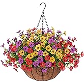Ammyoo Artificial Flowers Hanging Basket for Outdoor Spring Decor, Fake Silk Mums Daisy with Eucalyptus in 12" Metal Coconut Lining Pot Arrangement for Home Patio Yard Decor(Purple Red Yellow)
