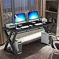 VUYUYU Computer Desk, Home Office Desks, Modern Glass Top X-Frame Metal Computer Gaming Writing Desks Laptop Table Tempered Glass/Black/55.1 inches