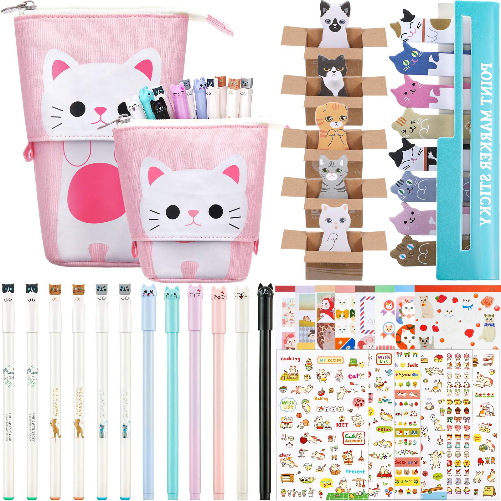 Photo 1 of Zonon 417 Pcs Cute Cat Stationery Set Cat Telescopic Pencil Pouch Case Gel Ink Pen Sticky Memos Notes Cat Album Sticker for School Office(Pink Cat Style)