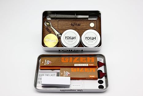 Raucherzubehör Paket: Aluminium herb Grinder, 2 verschließbare Dosen, 2 Größen von Rolling Paper S+KS, Löffel, Filter Tips, 4