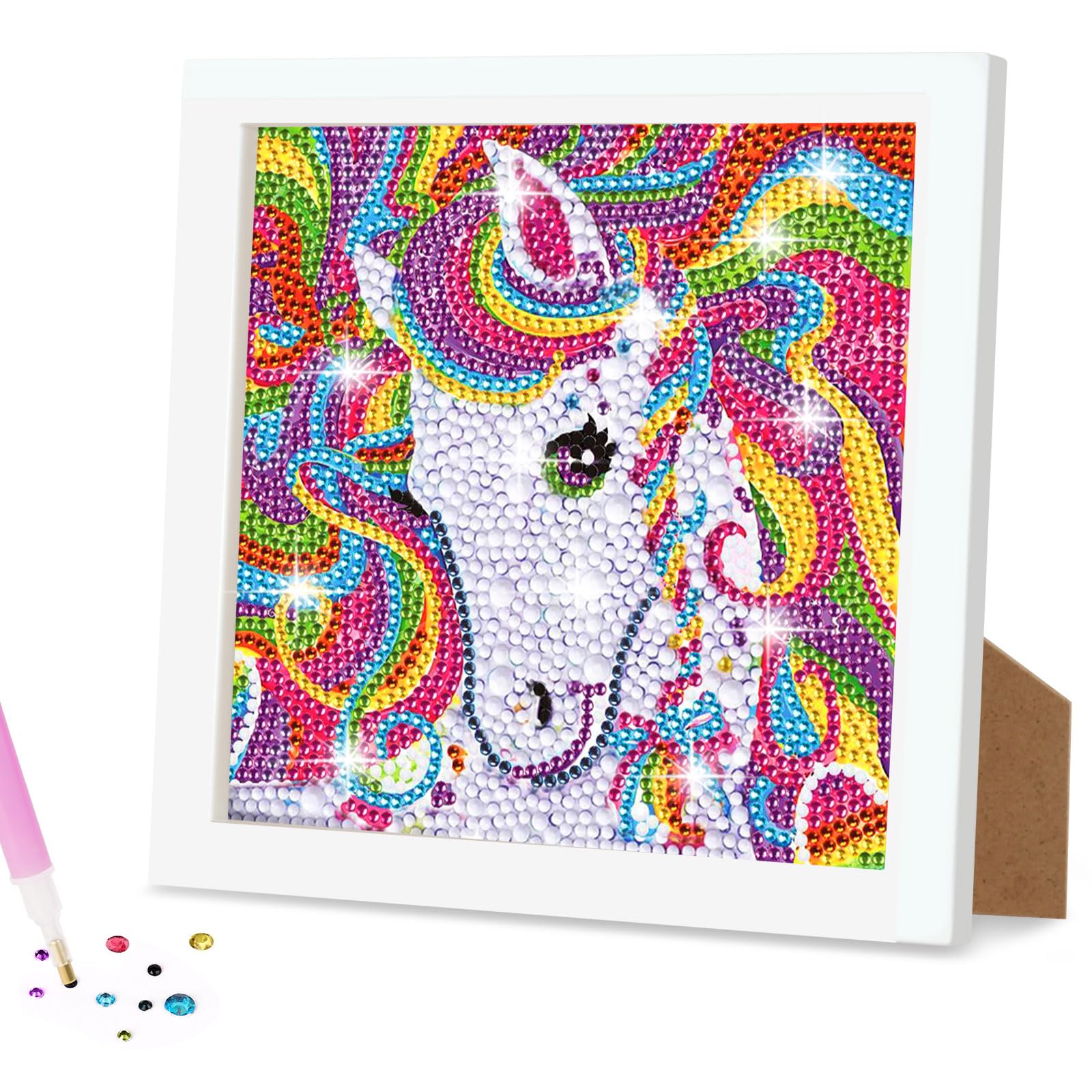 AUAUY 5D DIY Diamond Art Painting Kit, Rainbow Unicorn Diamond Painting Kits for Adults, Full Drill Crystal Rhinestone Arts and Crafts with Wooden Frame, Diamond Art Gem Painting Beginners