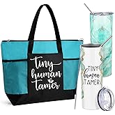 Jingmore 2 Pcs Tiny Human Tamer Gifts Daycare Teacher Appreciation Week Gift 20 oz Tumbler with Lid Tote Bag with Mesh Pockets Thank You Gift for Kindergarten Teacher Graduation Favors(Tamer,Green)