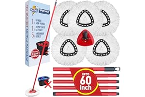 Twinko Max Spin Mop Replacement Kit without Bucket, Compatible with O-Cedar EasyWring 1-Tank System Triangle Microfiber Spin Mop, 60-Inch Combination Handle, 5 Microfiber Mop Head Refills, 1 Mop Base.