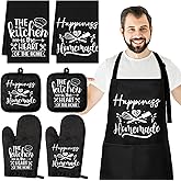 Sratte 7 Pcs Kitchen Towels Oven Mitts and Pot Holders with Cooking Apron 1 Chef Cooking Apron 2 Dish Towels 2 Kitchen Oven Mitts 2 Heat Resistant Pot Holder with Hanging Loop Set (Delicate)