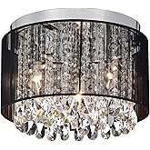 LaLuLa Black Mini Crystal Flush Mount Ceiling Light - 3-Light Drum Chandelier for Bedroom, Hallway, or Living Room, Small Mod