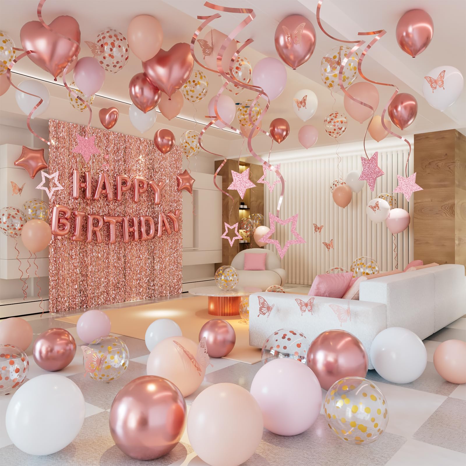 Photo 1 of Belscebels Rose Gold Birthday Decorations for Women, Rose Gold Happy Birthday Balloon Letters Banner, White Pink rose Gold Happy Birthday Decorations, Girls Birthday Party Decorations