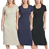 Real Essentials 3 Pack: Women's Ribbed Jersey Crew Neck Short Sleeve Midi Length Dress with Side Slit
