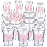 Sliner 50 Pcs 16 oz Coquette Disposable Plastic Cups with Straw for Party Supplies Bow Cups Birthday Wedding Bridal Engagement Party Drinkware Baby Shower Decoration (Pink Bow)