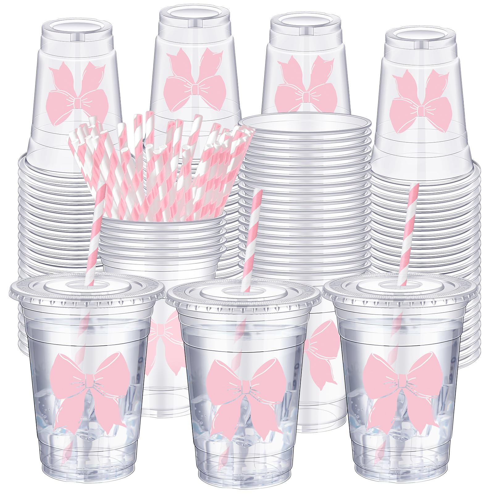 Photo 1 of **12 each set****      Sliner 50 Pcs 16 oz Coquette Disposable Plastic Cups with Straw for Party Supplies Bow Cups Birthday Wedding Bridal Engagement Party Drinkware Christmas Baby Shower Decoration (Pink Bow)
