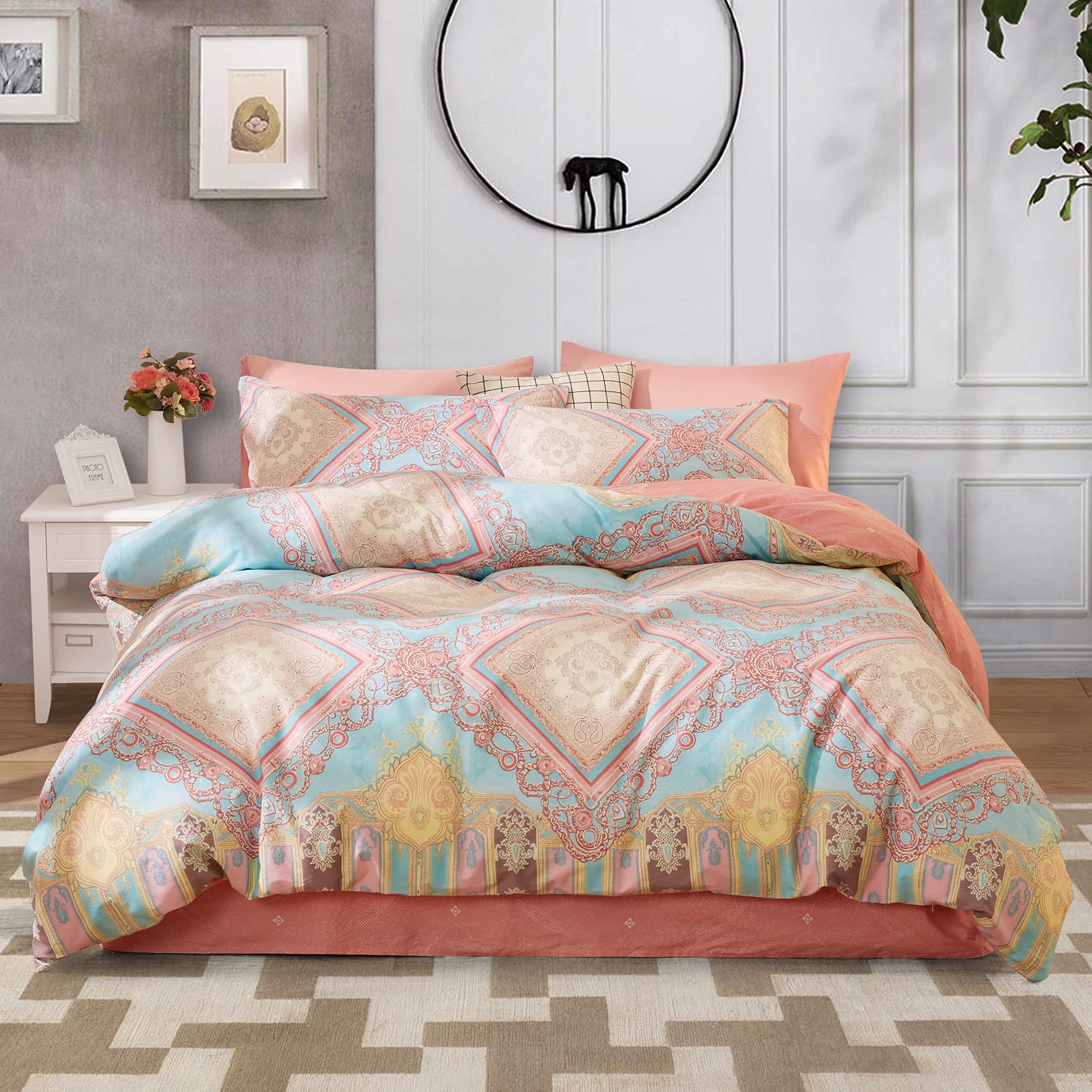 SAPHREAS Boho Duvet Cover Set 100% Cotton 3 piece Bohemian Bedding for All Seasons Pink Cover Set 1 Duvet Cover 2 Pillow Shams Double Size — image 1