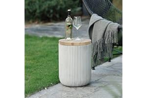 LUXENHÖME LuxenHome 18" Outdoor Side Table with Storage, Cement Patio End Table with Wood Finish Lid, Accent Table for Patio, Porch, Poolside, Backyard, Outside, Indoor, Garden Stool, Drum Table, Plant Stand