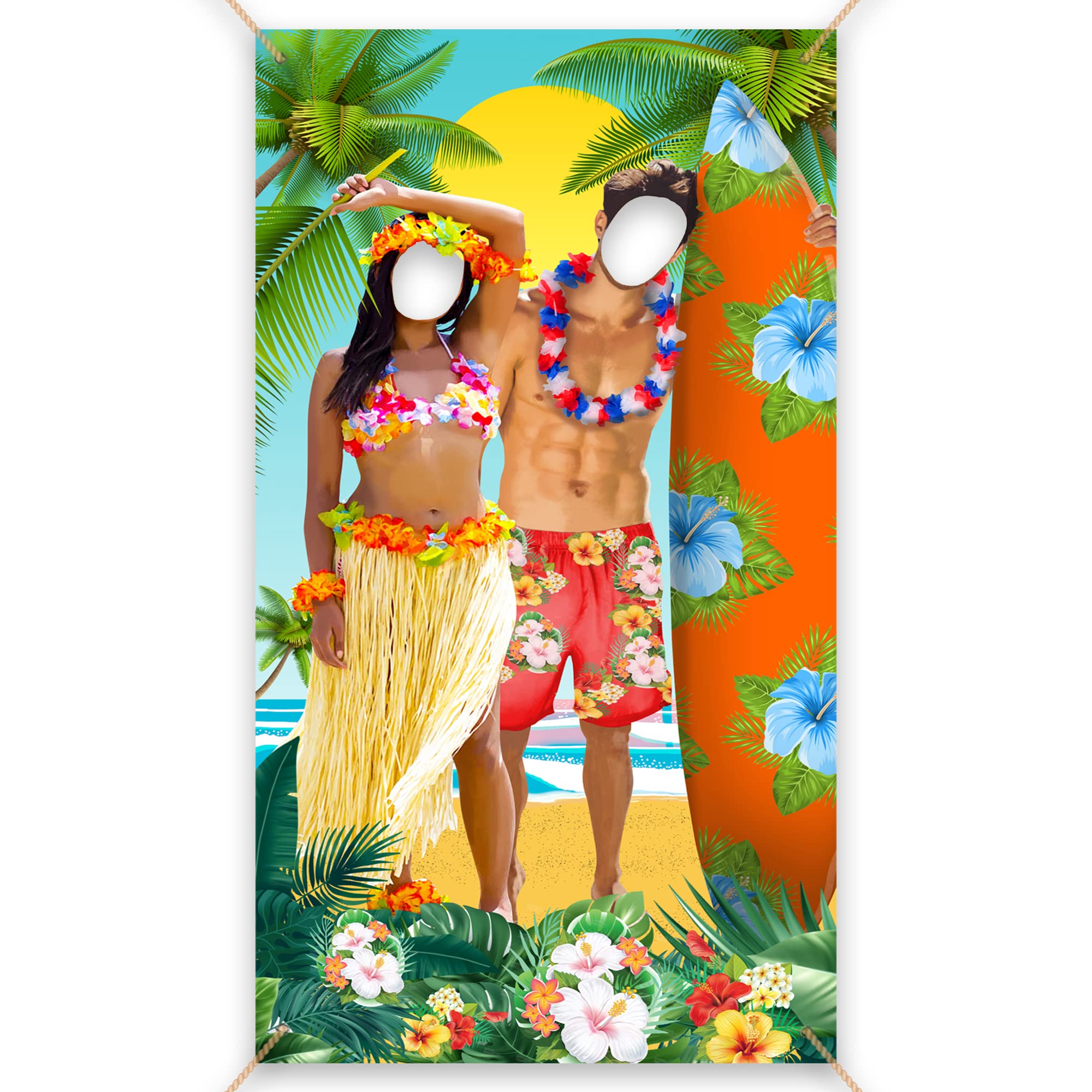 Hawaiian Party Decorations Photo Booth Backdrop Fabric 92 x 183cm - Hawaii Themed Party Decorations Face in the Hole Photo Backdrop - Caribbean Summer Luau Couple Photobooth Back Drop