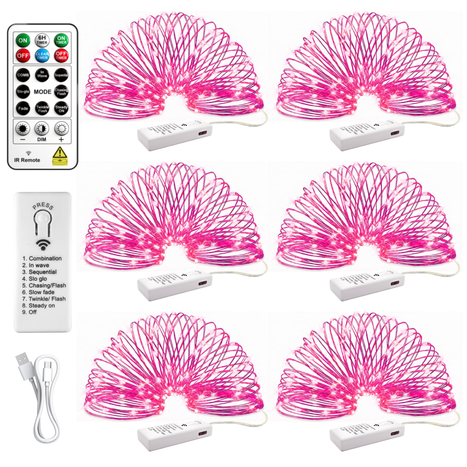 HXWEIYE 6 Pack Rechargeable Fairy Lights Battery Operated with Remote & DIY Timer, 7ft 20LED Mini Twinkle String Light for Mason Jar DIY Wedding Table Centerpieces Party Bedroom Christmas (Pink)