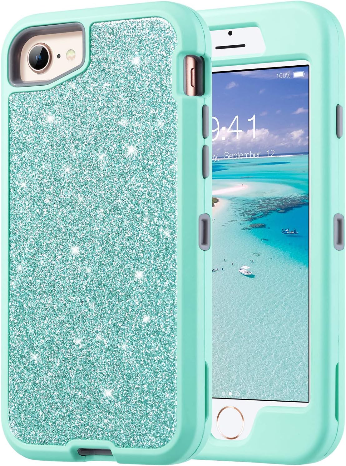 ULAK iPhone 8 Case, iPhone 7 Case, iPhone 6 6s Case, Glitter Sparkly Bling Heavy Duty Hybrid Shockproof Protective Phone Cover with Shiny PU Leather for Apple iPhone 8/7/6 6s (4.7 inch), Mint Green