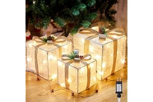 BRIGHTOWN 3 Pieces Lighted Gift Boxes Christmas Decorations, 12in 10in 8in with 60 Pre-Strung Mini String Lights, Foldable Light up Present Boxes for Indoor Outdoor Holiday Party Christmas Yard Home Art Decor
