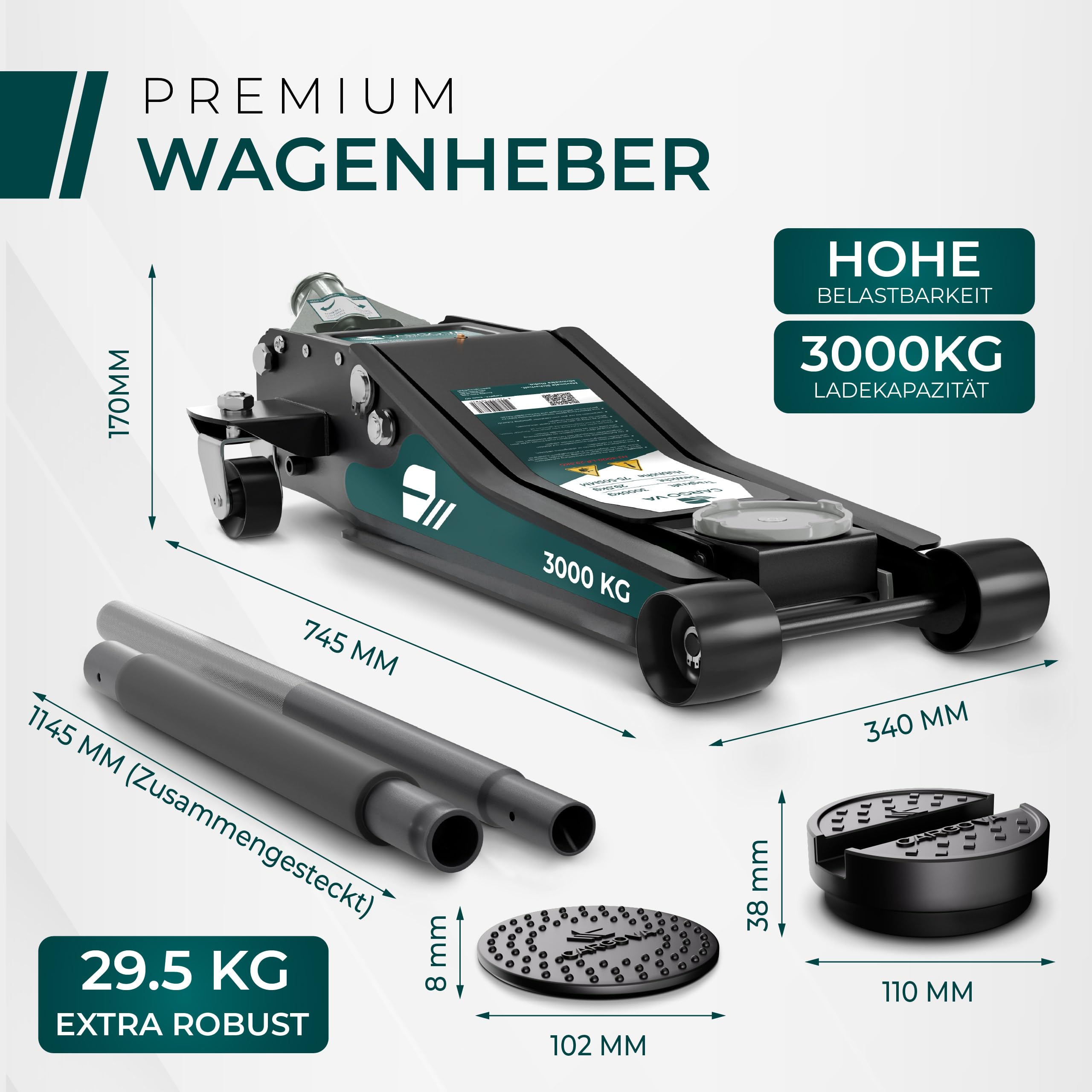 CargoVA Wagenheber 3T hydraulisch | Flacher Wagenheber mit 75-505mm Hubhöhe | Profi-Toolkit inkl. Kniematte & 2X Gummiauflagen | Ideal für SUV & tiefergelegte Autos | Rangierwagenheber Reifenwechsel 2